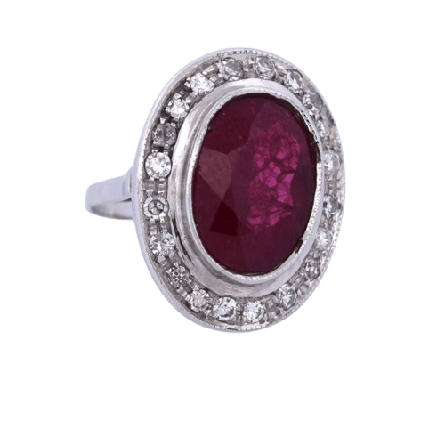 Bague 55 Bague Art déco en or blanc 18 carats avec rubis et diamants 58 Facettes