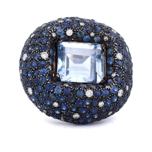 Bague 54 Bague cocktail en or blanc 18 ct avec aigue-marine, saphirs et diamants 58 Facettes AN329 (00649)