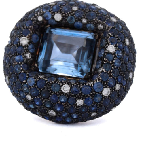 Bague 54 Bague cocktail en or blanc 18 ct avec aigue-marine, saphirs et diamants 58 Facettes AN329 (00649)