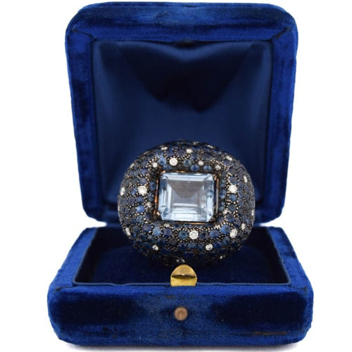 Bague 54 Bague cocktail en or blanc 18 ct avec aigue-marine, saphirs et diamants 58 Facettes AN329 (00649)