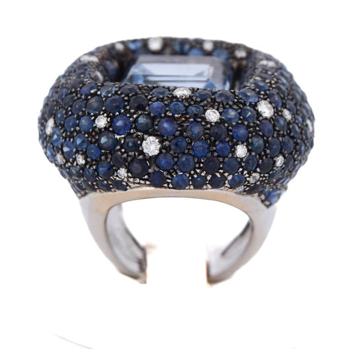 Bague 54 Bague cocktail en or blanc 18 ct avec aigue-marine, saphirs et diamants 58 Facettes AN329 (00649)