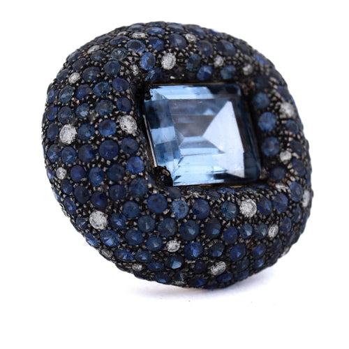 Bague 54 Bague cocktail en or blanc 18 ct avec aigue-marine, saphirs et diamants 58 Facettes AN329 (00649)