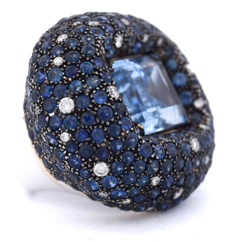 Bague 54 Bague cocktail en or blanc 18 ct avec aigue-marine, saphirs et diamants 58 Facettes AN329 (00649)