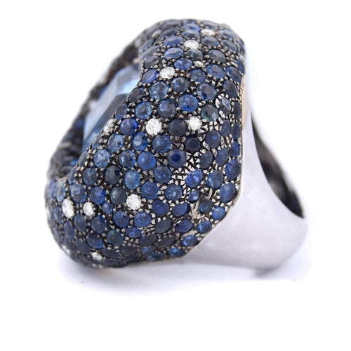 Bague 54 Bague cocktail en or blanc 18 ct avec aigue-marine, saphirs et diamants 58 Facettes AN329 (00649)