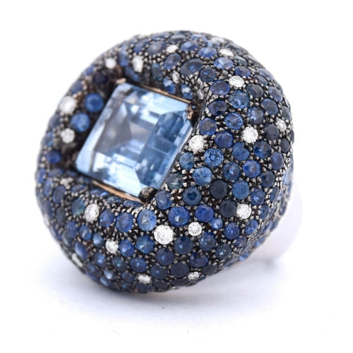 Bague 54 Bague cocktail en or blanc 18 ct avec aigue-marine, saphirs et diamants 58 Facettes AN329 (00649)