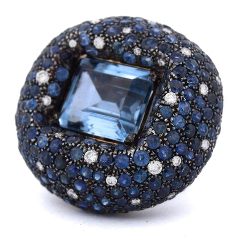 Bague 54 Bague cocktail en or blanc 18 ct avec aigue-marine, saphirs et diamants 58 Facettes AN329 (00649)