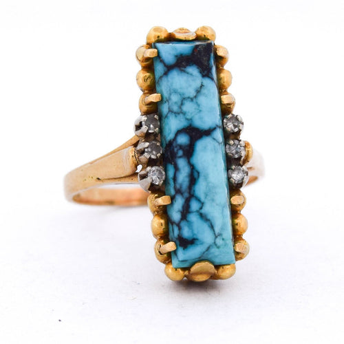 Bague 55 Bague vintage en or jaune 18 ct avec turquoise et diamants 58 Facettes AN469 '(0259)