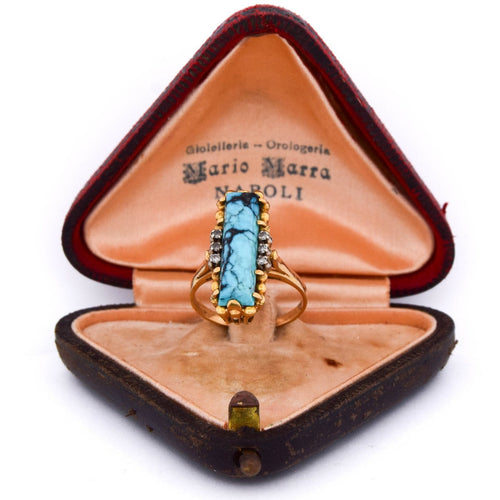 Bague 55 Bague vintage en or jaune 18 ct avec turquoise et diamants 58 Facettes AN469 '(0259)