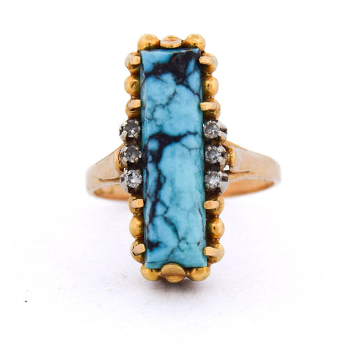 Bague 55 Bague vintage en or jaune 18 ct avec turquoise et diamants 58 Facettes AN469 '(0259)