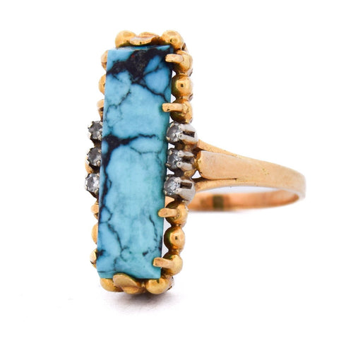Bague 55 Bague vintage en or jaune 18 ct avec turquoise et diamants 58 Facettes AN469 '(0259)