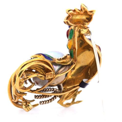 Broche Broche coq - Motif animalier en or jaune 18 carats, émaux et perles baroques 58 Facettes SP37 '(00039)
