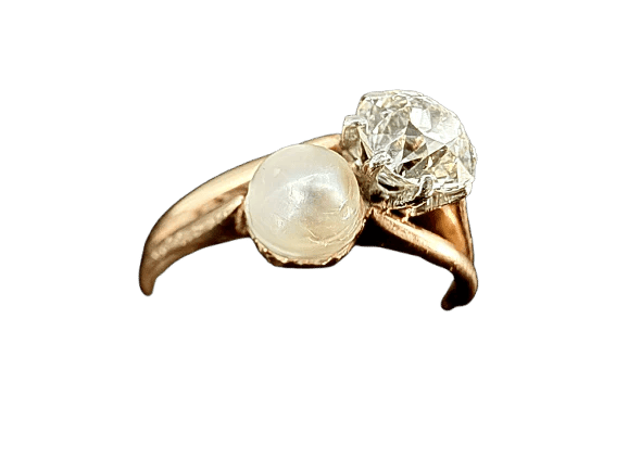 Bague 56 Bague Toi et Moi Napoléon III en or blanc et rose, perle fine et diamant 58 Facettes