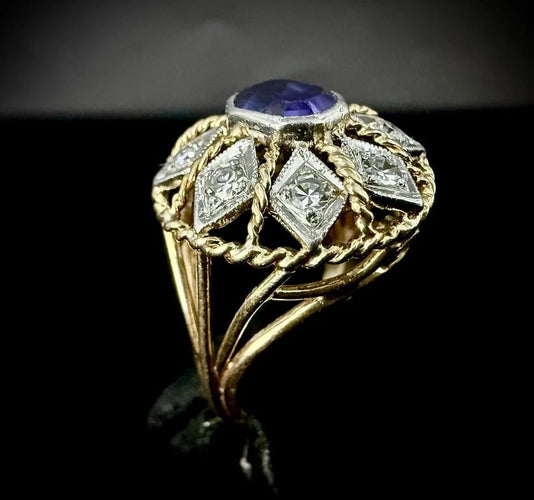 Bague 57 Bague en or bicolore 18 carats avec améthyste et diamants 58 Facettes