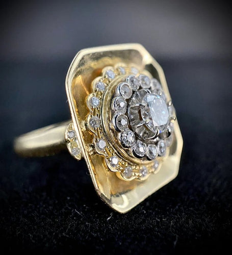 Bague 59 Bague ancienne en or blanc et jaune 18k sertie de diamants 58 Facettes