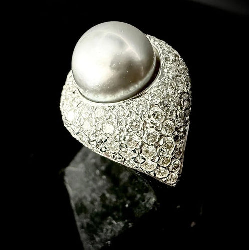 Bague 53.5 Bague en or blanc 18 carats sertie d’une perle grise et de diamants 58 Facettes