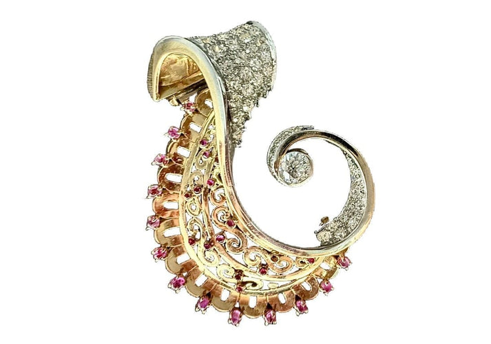Broche Broche note de musique en or jaune et blanc avec diamants et rubis 58 Facettes