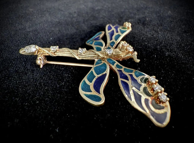 Broche Broche libellule en or jaune 14 carats, émail et diamants 58 Facettes