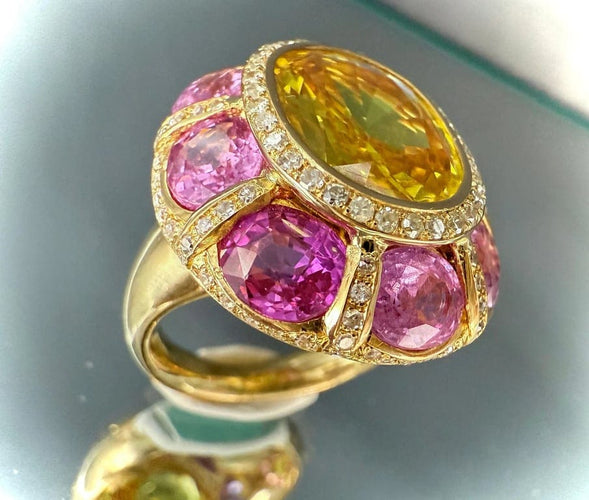 Bague 50.5 Bague en or jaune 18 carats aux saphirs jaunes et roses 58 Facettes