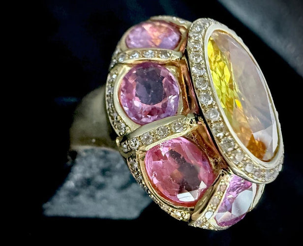 Bague 50.5 Bague en or jaune 18 carats aux saphirs jaunes et roses 58 Facettes