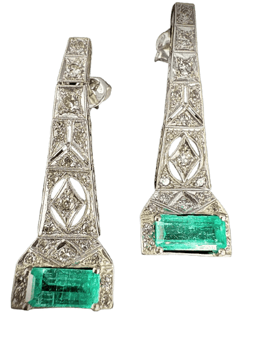Boucles d'oreilles Art déco - Boucles d’oreilles en platine, émeraudes et diamants 58 Facettes