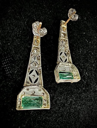 Boucles d'oreilles Art déco - Boucles d’oreilles en platine, émeraudes et diamants 58 Facettes