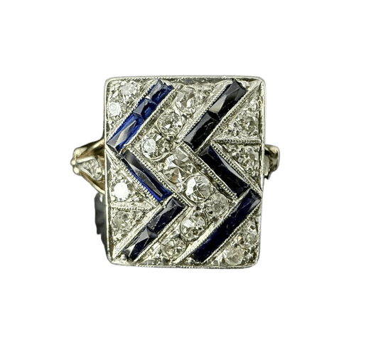 Bague 56.5 Bague Art déco en or jaune et blanc 18 carats, saphirs et diamants 58 Facettes