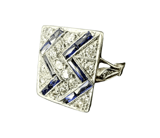Bague 56.5 Bague Art déco en or jaune et blanc 18 carats, saphirs et diamants 58 Facettes