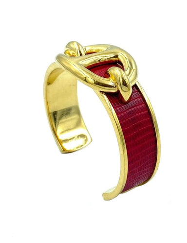 Bracelet Hermès - Bracelet jonc ouvert en métal doré et cuir de lézard rouge 58 Facettes