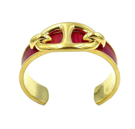 Bracelet Hermès - Bracelet jonc ouvert en métal doré et cuir de lézard rouge 58 Facettes