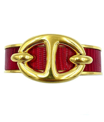 Bracelet Hermès - Bracelet jonc ouvert en métal doré et cuir de lézard rouge 58 Facettes