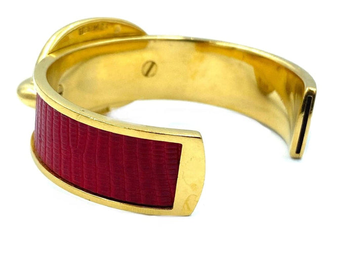 Bracelet Hermès - Bracelet jonc ouvert en métal doré et cuir de lézard rouge 58 Facettes