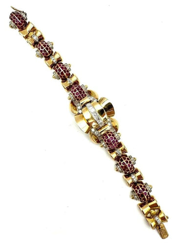 Bracelet Bracelet Art déco en or jaune 18K et platine, rubis et diamants 58 Facettes