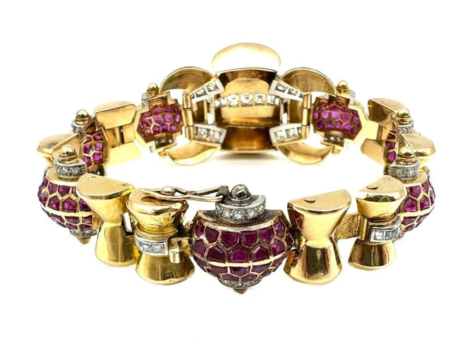 Bracelet Bracelet Art déco en or jaune 18K et platine, rubis et diamants 58 Facettes
