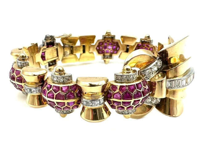 Bracelet Bracelet Art déco en or jaune 18K et platine, rubis et diamants 58 Facettes