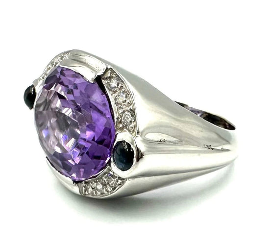 Bague 58 Bague en or blanc 18K avec améthyste, saphirs et diamants 58 Facettes
