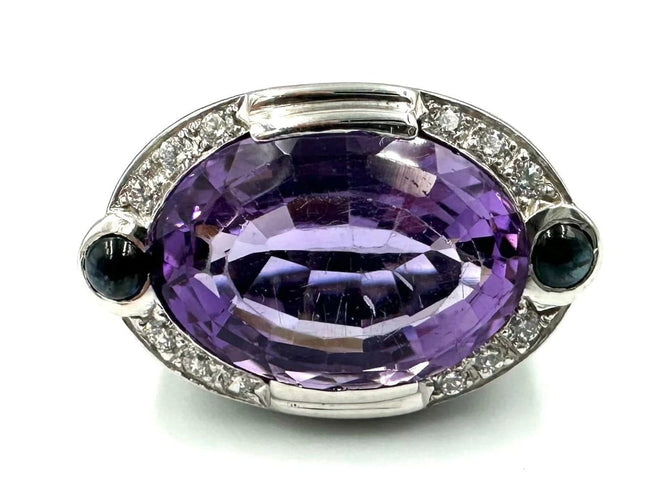 Bague 58 Bague en or blanc 18K avec améthyste, saphirs et diamants 58 Facettes