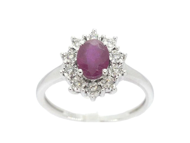 Bague 54 Bague entourage en or blanc 14 carats avec rubis et diamants 58 Facettes 2346