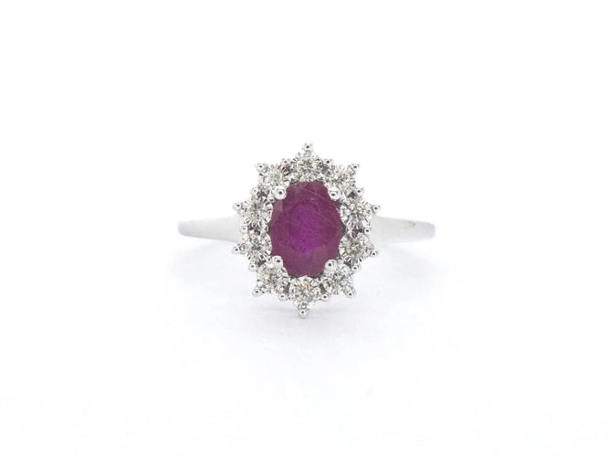 Bague 54 Bague entourage en or blanc 14 carats avec rubis et diamants 58 Facettes 2346