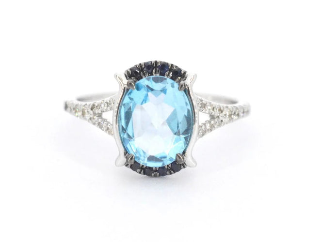 Bague 54 Bague en or blanc 14 carats avec diamants, topaze et saphir 58 Facettes 2322