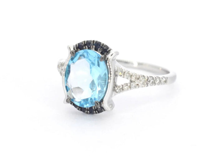 Bague 54 Bague en or blanc 14 carats avec diamants, topaze et saphir 58 Facettes 2322