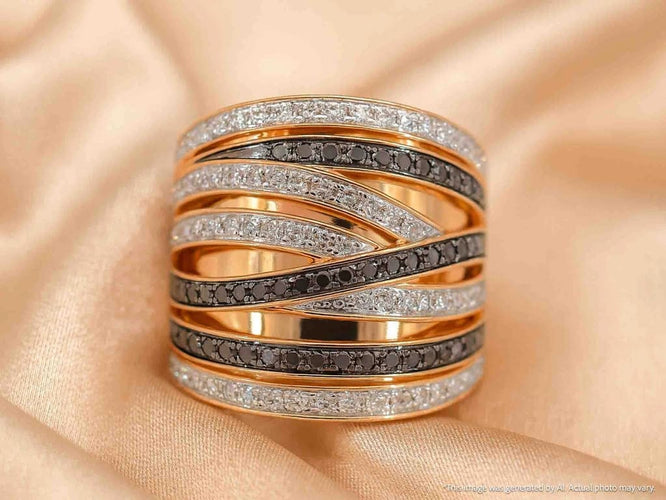 Bague 54 Bague en or rose 18 carats sertie de diamants blancs et noirs 58 Facettes 2179
