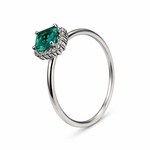 Bague 55 Bague - Halo en or blanc 18 carats, émeraude et diamants 58 Facettes 50363