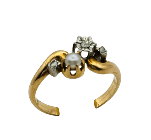 Bague 54 Bague Toi et Moi Art déco en or jaune, perle et diamants 58 Facettes 50118