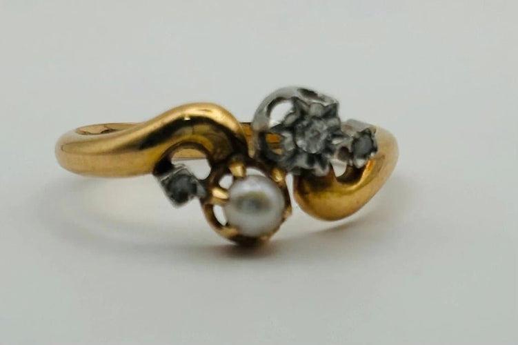 Bague 54 Bague Toi et Moi Art déco en or jaune, perle et diamants 58 Facettes 50118