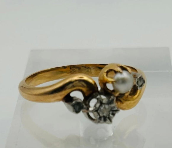 Bague 54 Bague Toi et Moi Art déco en or jaune, perle et diamants 58 Facettes 50118