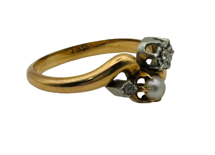 Bague 54 Bague Toi et Moi Art déco en or jaune, perle et diamants 58 Facettes 50118