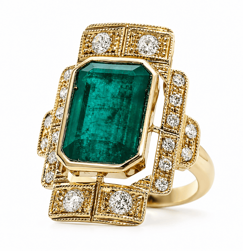 Bague 54 Bague Art déco en or jaune 18k avec émeraude et diamants 58 Facettes 50252
