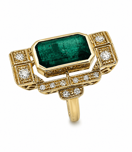 Bague 54 Bague Art déco en or jaune 18k avec émeraude et diamants 58 Facettes 50252