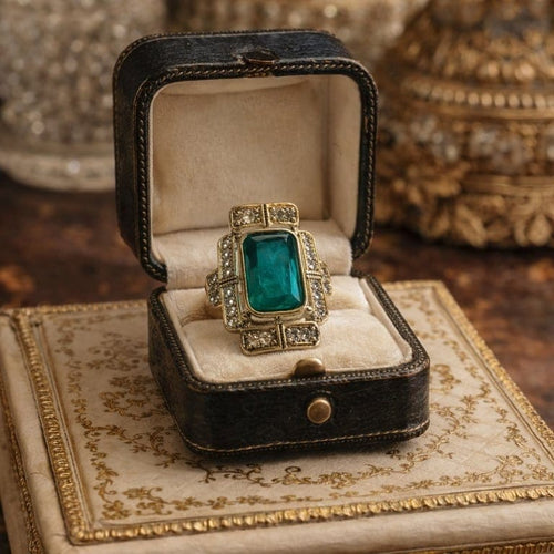 Bague 54 Bague Art déco en or jaune 18k avec émeraude et diamants 58 Facettes 50252