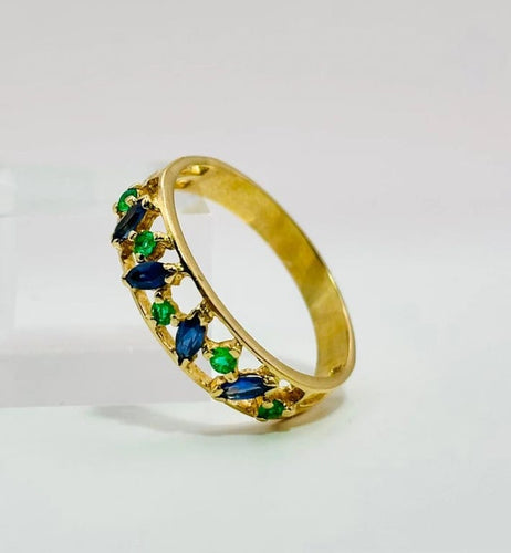 Bague 58 Bague en or jaune 18 carats avec émeraudes et saphirs 58 Facettes 50285